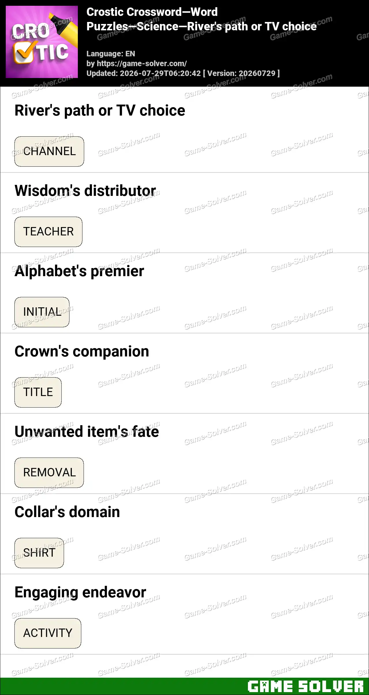 Crostic Crossword-Word Puzzles-Science-River’s path or TV choice